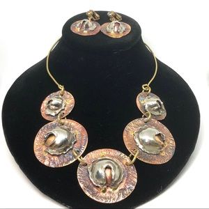 Artisan Texture Copper Brass Necklace Earring Set